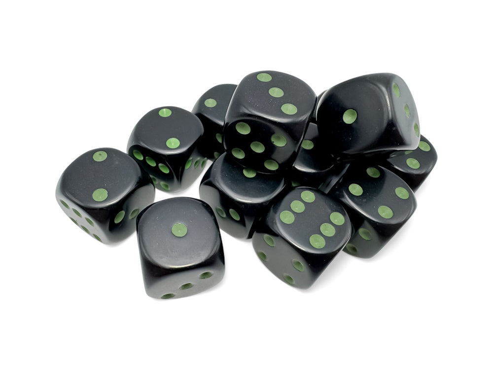Opaque: 16mm D6 Black/Green Dice Block (12 Dice)