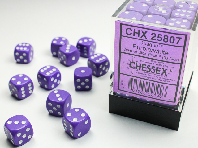 Opaque: 12mm D6 Purple/White (36)