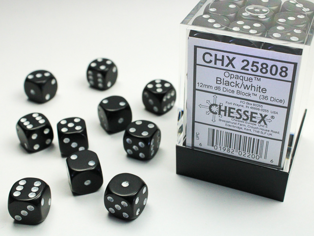 Opaque: 12mm D6 Black/White (36)