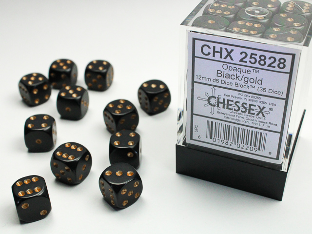 Opaque: 12mm D6 Black/Gold (36)