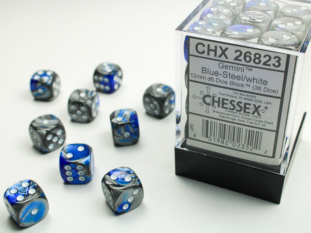 Gemini: 12mm D6 Blue-Steel/White (36)