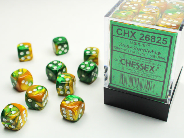 Gemini: 12mm D6 Gold-Green/White (36)