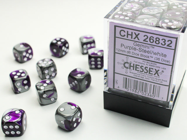 Gemini: 12mm D6 Purple-Steel/White (36)