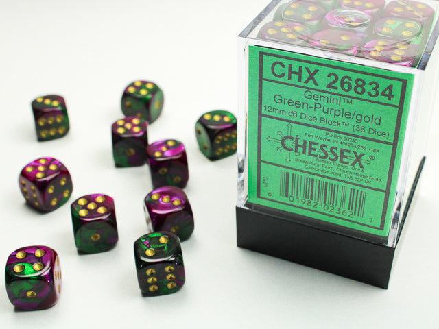 Gemini: 12mm D6 Green-Purple/Gold (36)
