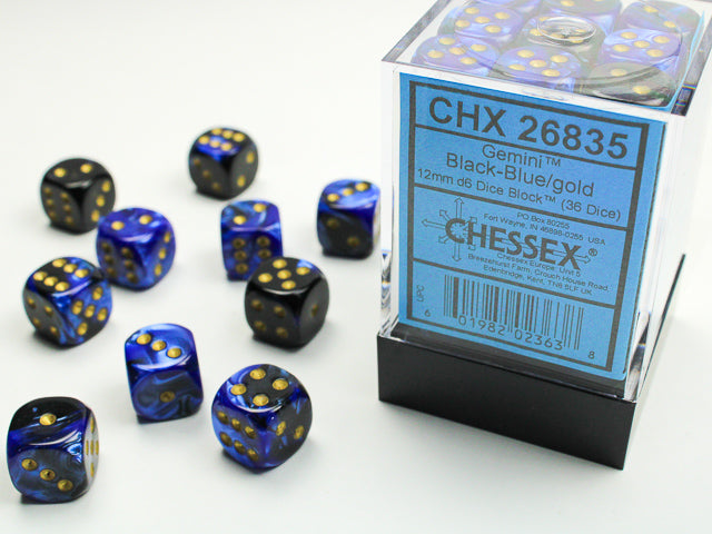 Gemini: 12mm D6 Black-Blue/Gold (36)