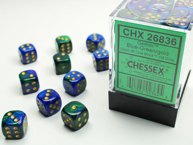 Gemini: 12mm D6 Blue-Green/Gold (36)