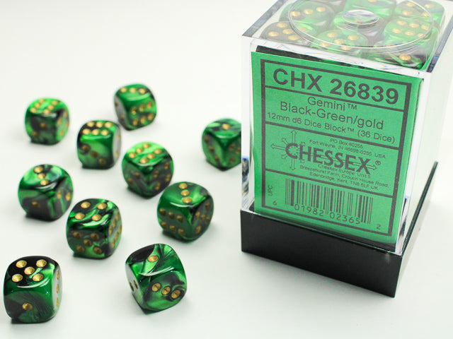 Gemini: 12mm D6 Black-Green/Gold (36)