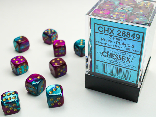 Gemini: 12mm D6 Purple-Teal/Gold (36)