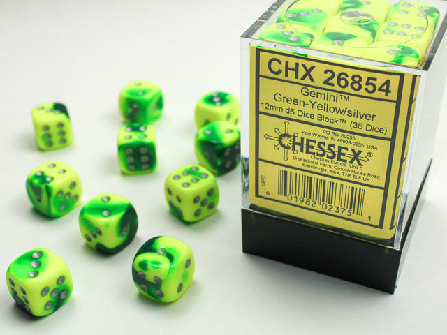 Gemini: 12mm D6 Green-Yellow/Silver (36)
