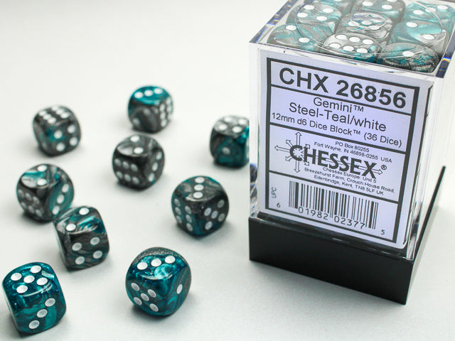 Gemini: 12mm D6 Steel-Teal/White (36)