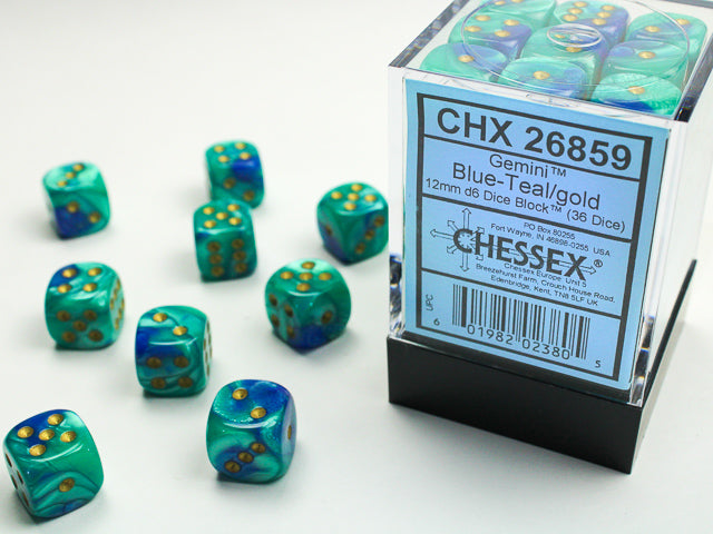 Gemini: 12mm D6 Blue-Teal/Gold (36)