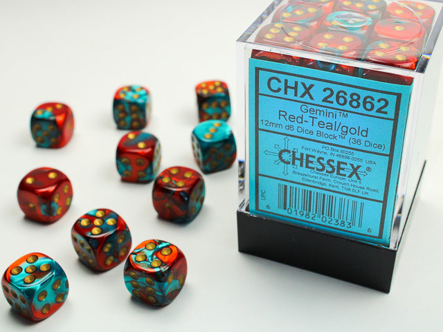 Gemini: 12mm D6 Red-Teal/Gold (36)
