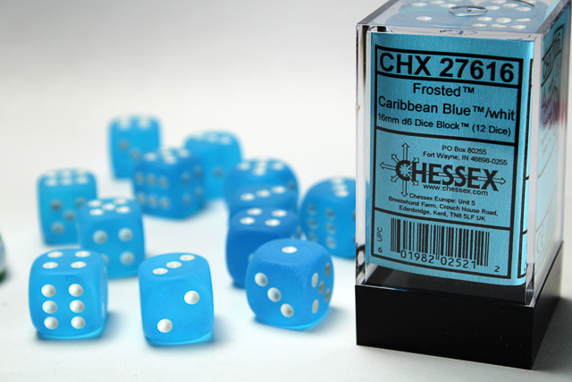 Frosted: 16mm D6 Caribbean Blue/White Dice Block (12 Dice)