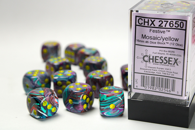 Festive: 16mm D6 Mosaic/Yellow Dice Block (12 Dice)