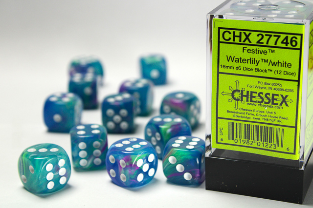 Festive: 16mm D6 Waterlily/White Dice Block (12 Dice)