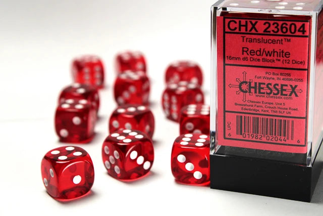 Translucent: 16mm D6 Red/White Dice Block (12 Dice)