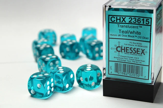 Translucent: 16mm D6 Teal/White Dice Block (12 Dice)