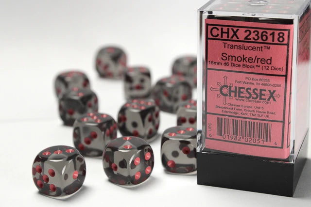 Translucent: 16mm D6 Smoke/Red Dice Block (12 Dice)