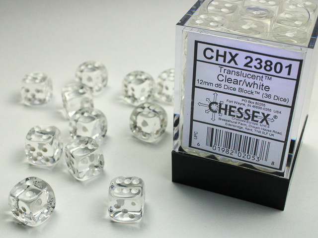 Translucent: 12mm D6 Clear/White (36 Dice)