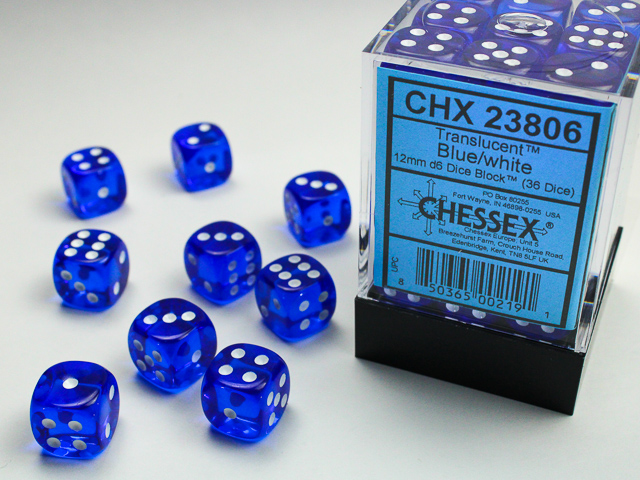 Translucent: 12mm D6 Blue/White (36 Dice)