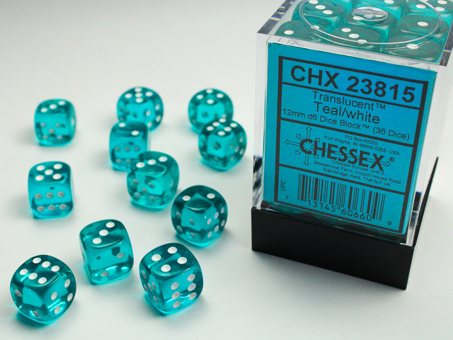 Translucent: 12mm D6 Teal/White (36 Dice)