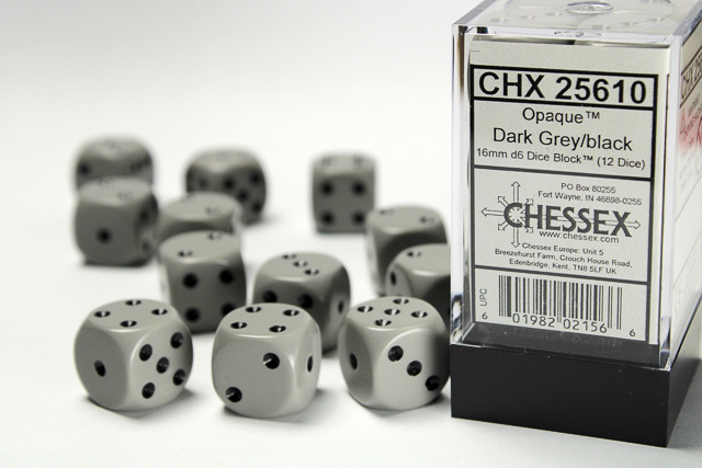 Opaque: 16mm D6 Grey/Black Dice Block (12 Dice)