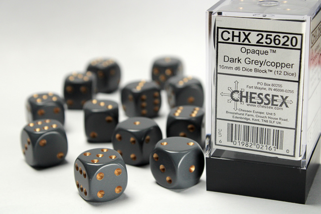 Opaque: 16mm D6 Dark Grey/Copper Dice Block (12 Dice)