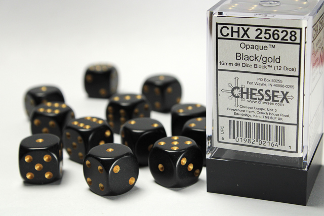 Opaque: 16mm D6 Black/Gold Dice Block (12 Dice)