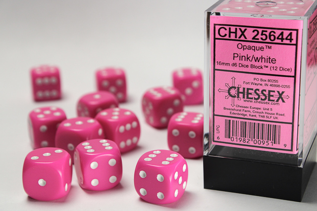 Opaque: 16mm D6 Pink/White Dice Block (12 Dice)