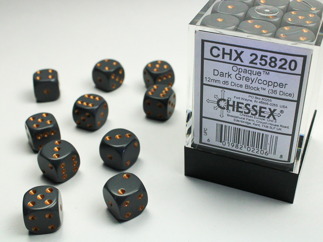 Opaque: 12mm D6 Dark Grey/Copper (36)