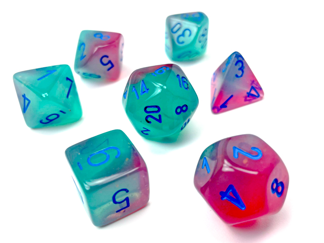 Gemini: Polyhedral Gel Green-Pink/Blue Luminary 7-Die Set