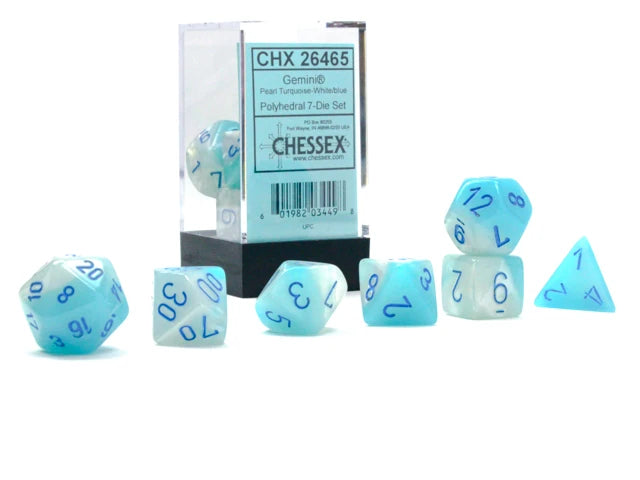 Gemini: Polyhedral Pearl Turquoise-White/Blue Luminary 7-Die Set