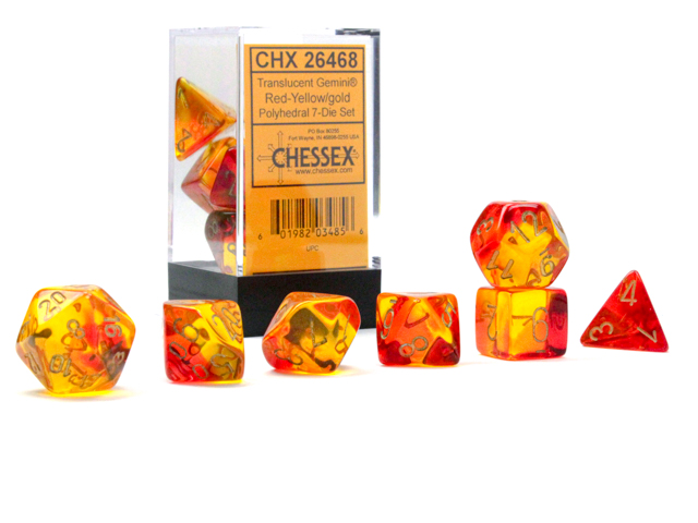 Gemini: Polyhedral Translucent Red-Yellow/Gold 7-Die Set