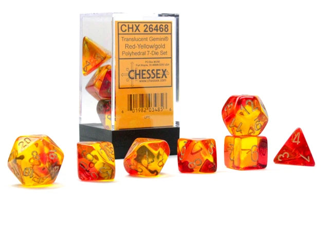 Gemini: Polyhedral Translucent Red-Yellow/Gold 7-Die Set