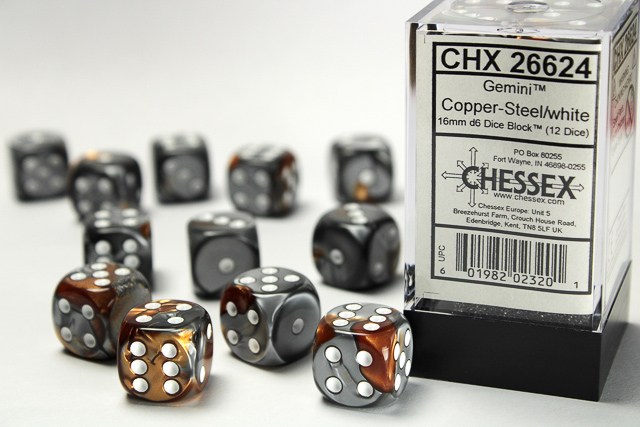 Gemini: 16mm D6 Copper-Steel/White Dice Block (12 Dice)