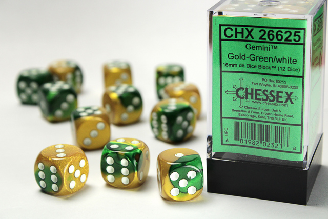 Gemini: 16mm D6 Gold-Green/White Dice Block (12 Dice)