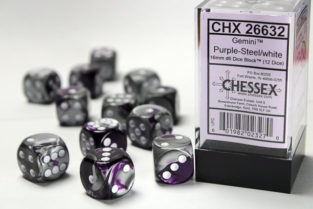 Gemini: 16mm D6 Purple-Steel/White Dice Block (12 Dice)