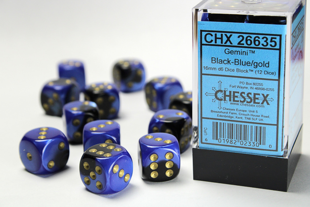 Gemini: 16mm D6 Black-Blue/Gold Dice Block (12 Dice)