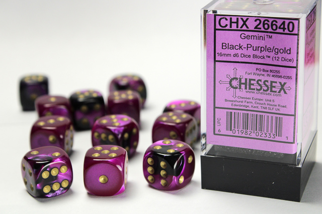 Gemini: 16mm D6 Black-Purple/Gold Dice Block (12 Dice)