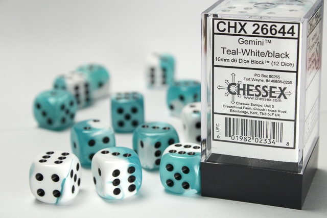 Gemini: 16mm D6 Teal-White/Black Dice Block (12 Dice)