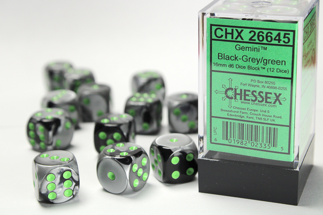 Gemini: 16mm D6 Black-Grey/Green Dice Block (12 Dice)