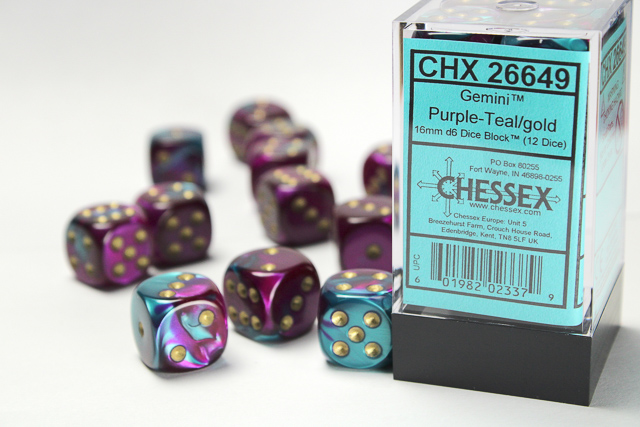 Gemini: 16mm D6 Purple-Teal/Gold Dice Block (12 Dice)