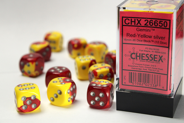 Gemini: 16mm D6 Red-Yellow/Silver Dice Block (12 Dice)