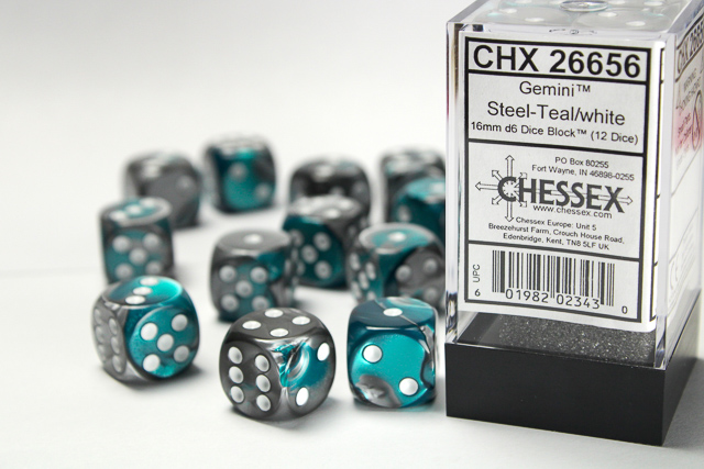 Gemini: 16mm D6 Steel-Teal/White Dice Block (12 Dice)