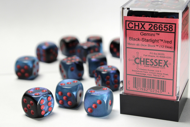 Gemini: 16mm D6 Black-Starlight/Red Dice Block (12 Dice)