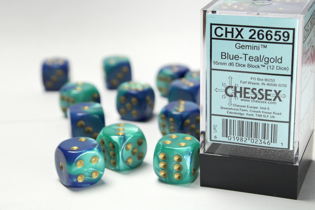 Gemini: 16mm D6 Blue-Teal/Gold Dice Block (12 Dice)