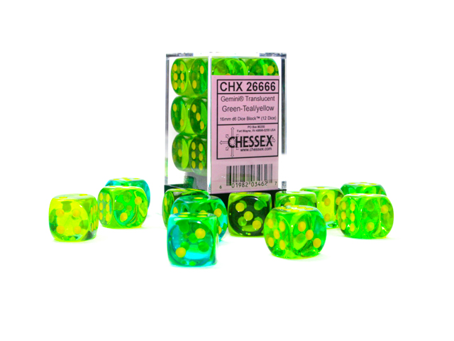 Gemini: 16mm D6 Translucent Green-Teal/Yellow (12)