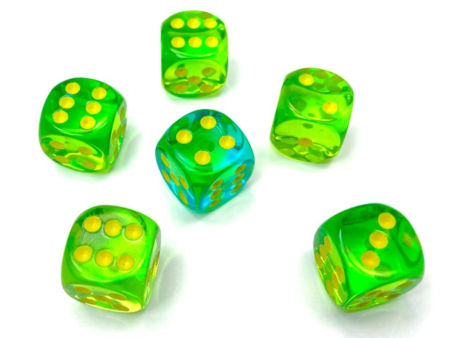 Gemini: 16mm D6 Translucent Green-Teal/Yellow (12)