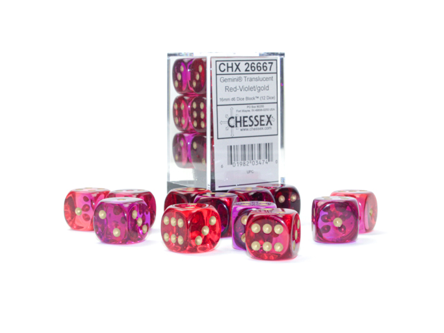 Gemini: 16mm D6 Translucent Red-Violet/Gold (12)