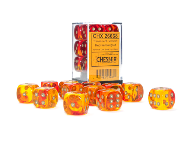 Gemini: 16mm D6 Translucent Red-Yellow/Gold (12)